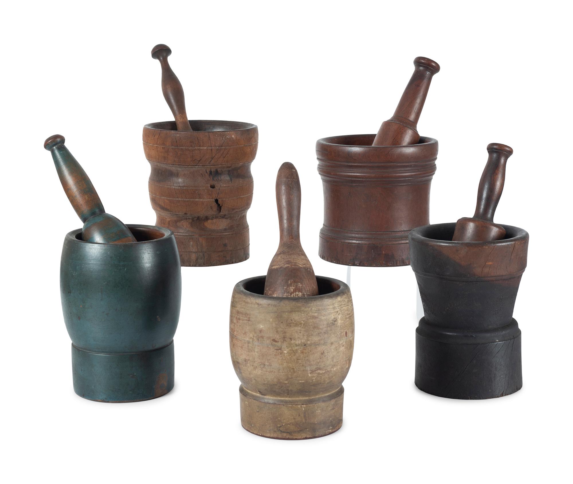 Five Turned Wood Mortars and Pestles