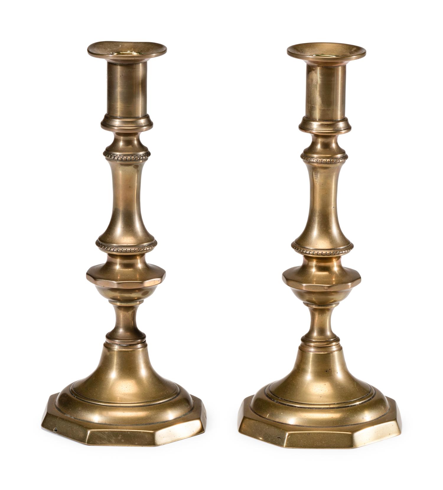 A Pair of English Brass Octagonal Base Candlesticks