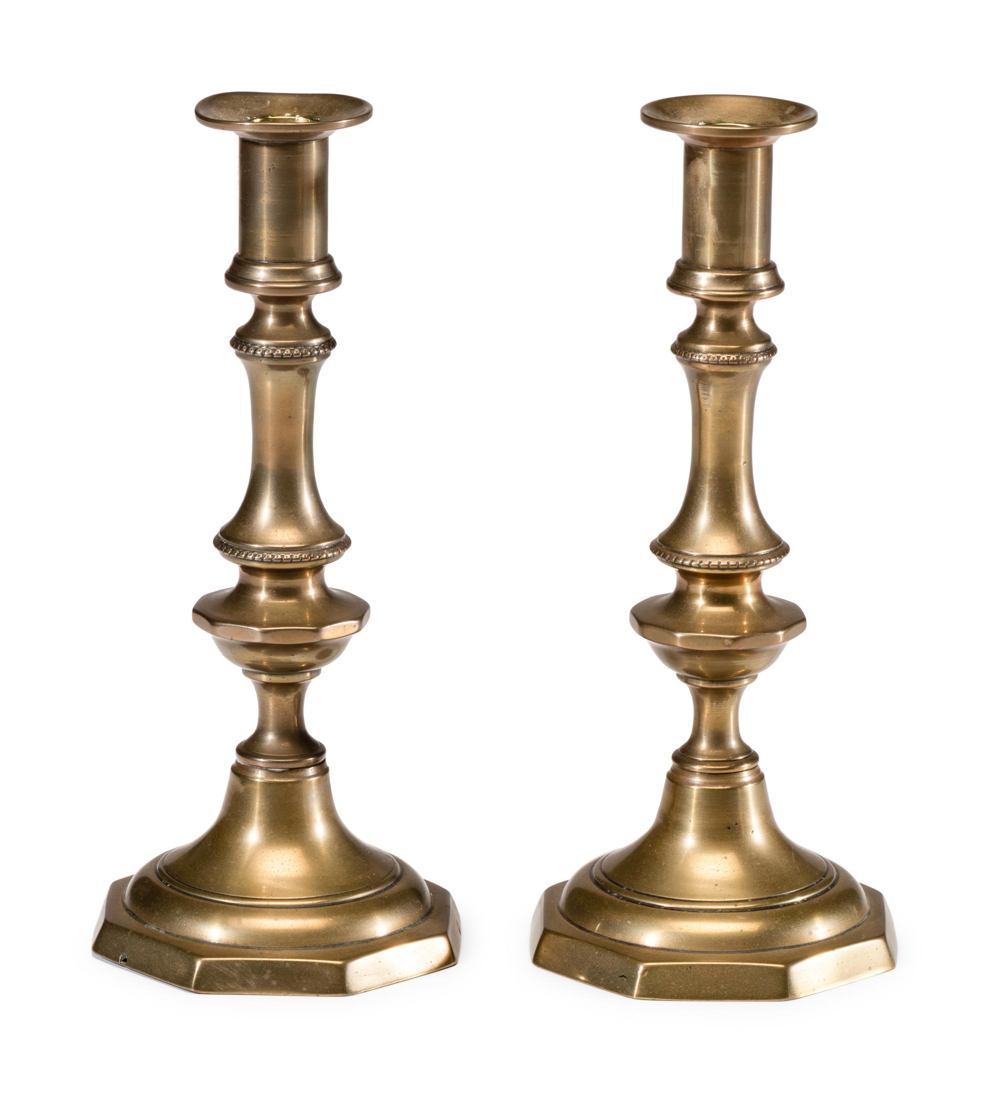 A Pair of English Brass Octagonal Base Candlesticks