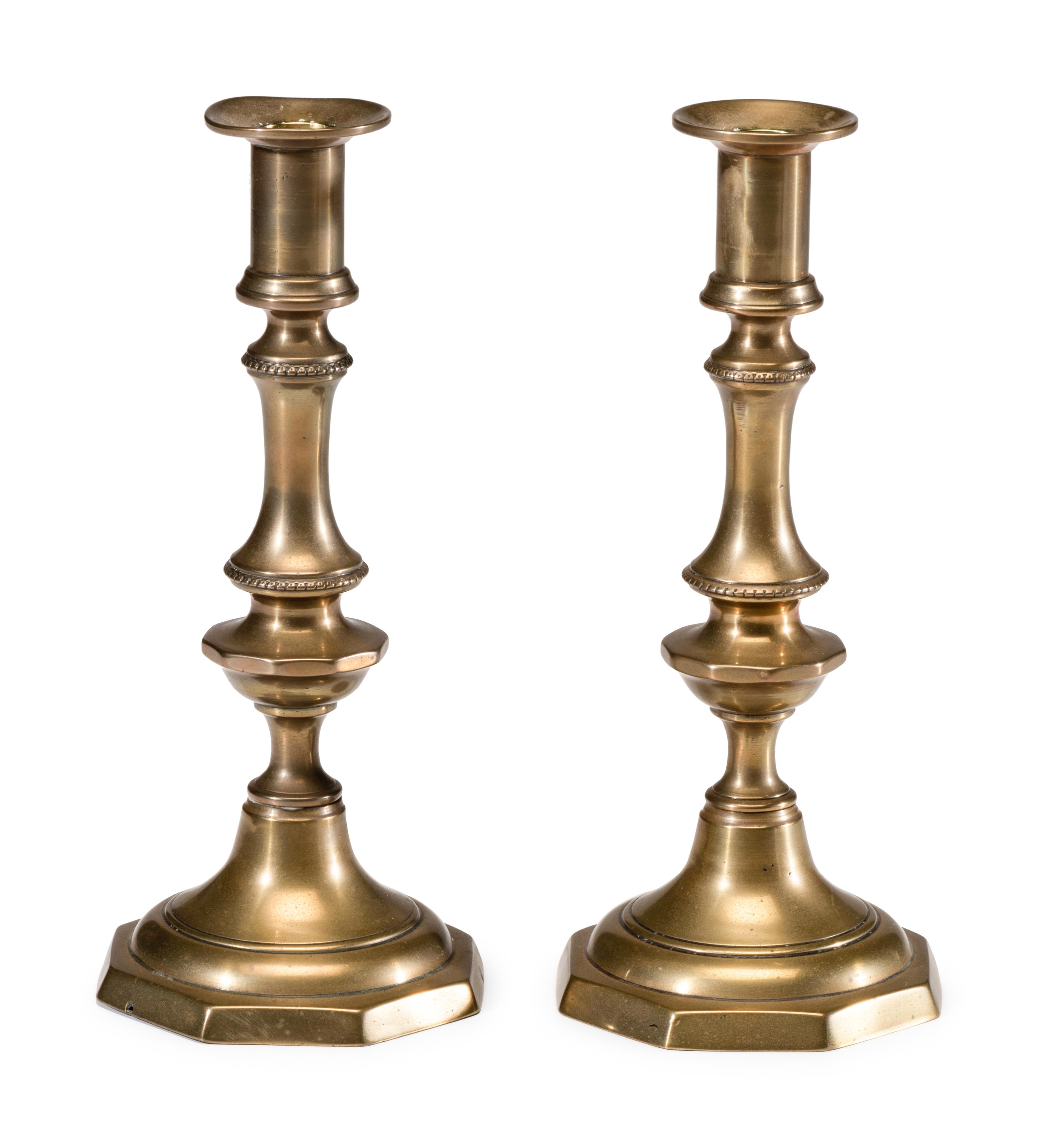 A Pair of English Brass Octagonal Base Candlesticks