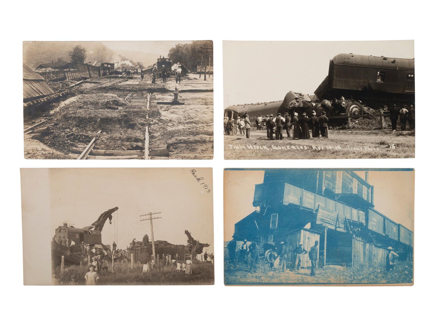 [RAILROADS]. A group of 71 RPPCs and photographs of trains, incl. train wrecks.