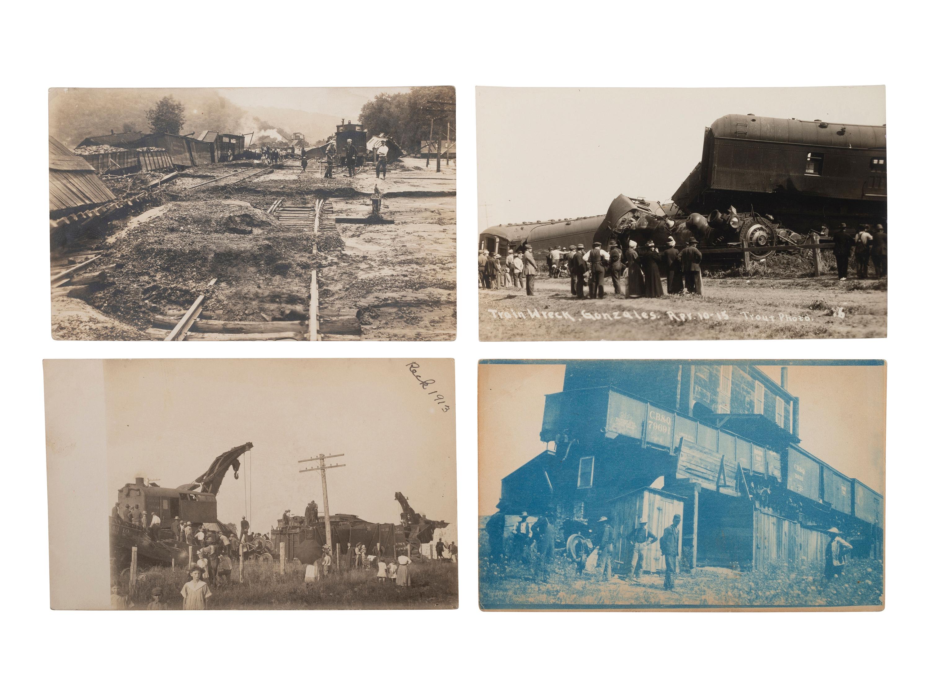 [RAILROADS]. A group of 71 RPPCs and photographs of trains, incl. train wrecks.