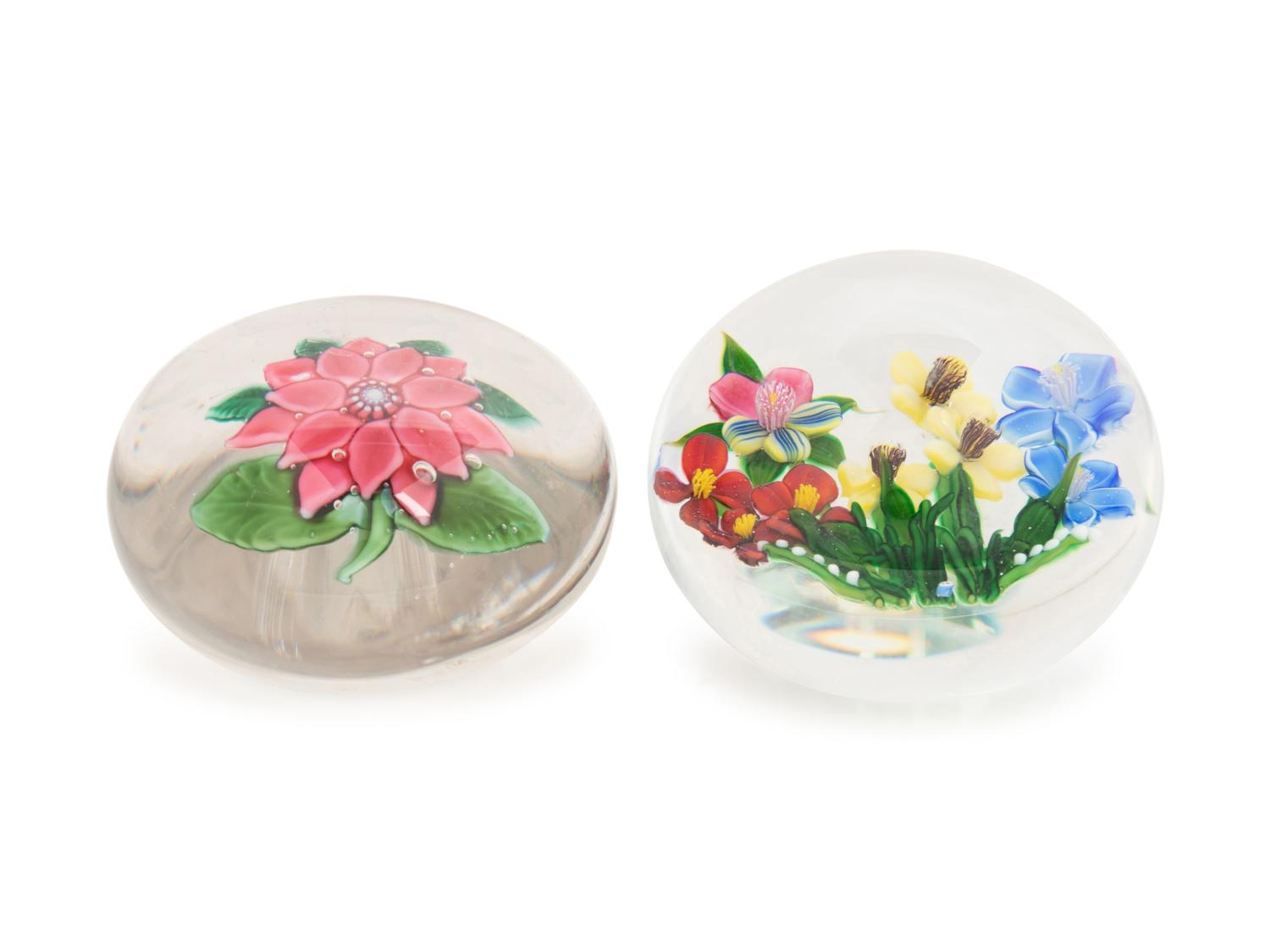 A Pink Double Clematis Glass Paperweight and a Gathering of Flowers Glass Paperweight