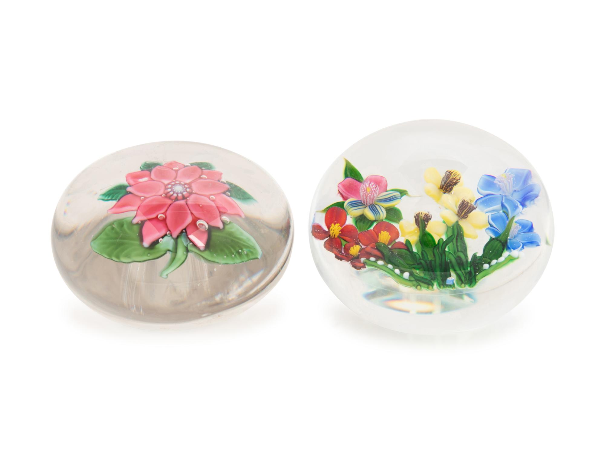 A Pink Double Clematis Glass Paperweight and a Gathering of Flowers Glass Paperweight