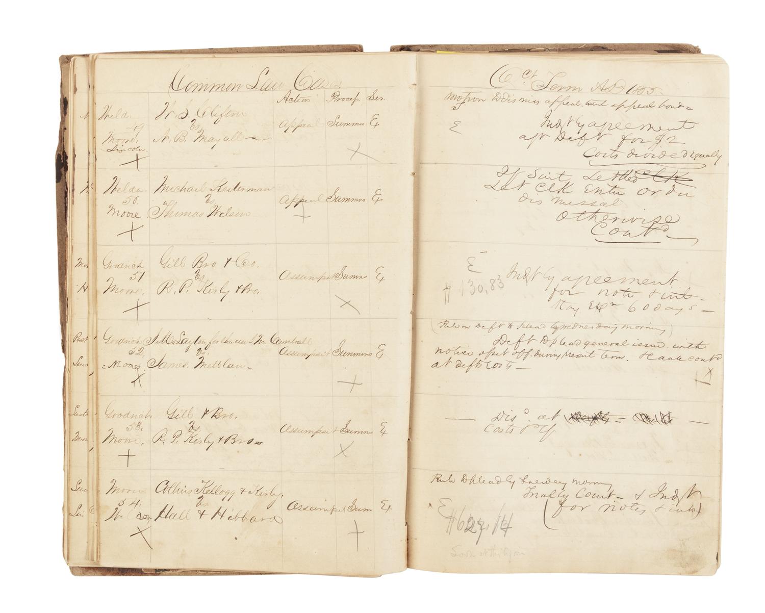 [LINCOLN, Abraham (1809-1865)]. A DeWitt County court judge's and clerk's manuscript docket book. DeWitt County, Illinois, ca. Spring 1855-Spring 1860.