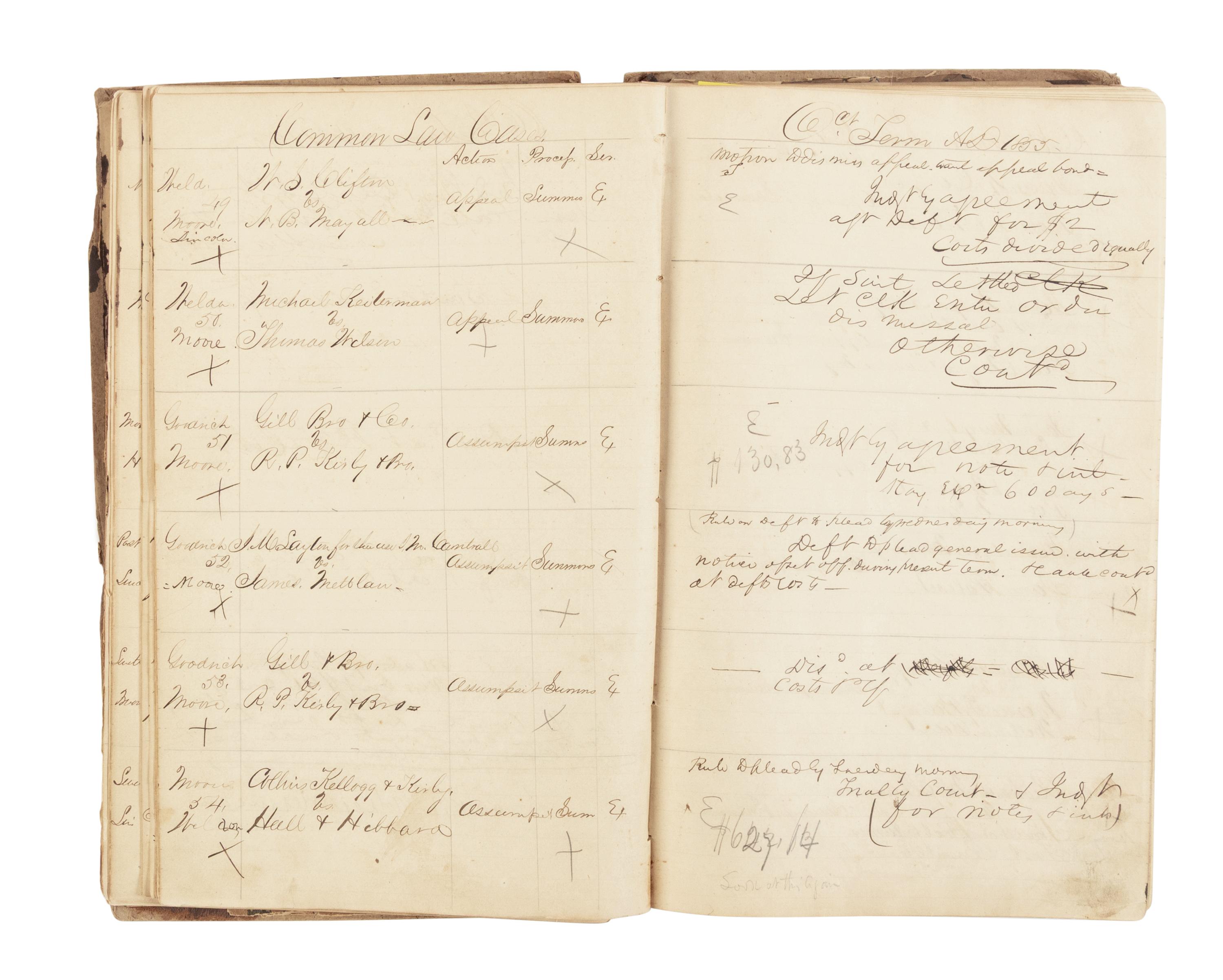 [LINCOLN, Abraham (1809-1865)]. A DeWitt County court judge's and clerk's manuscript docket book. DeWitt County, Illinois, ca. Spring 1855-Spring 1860.