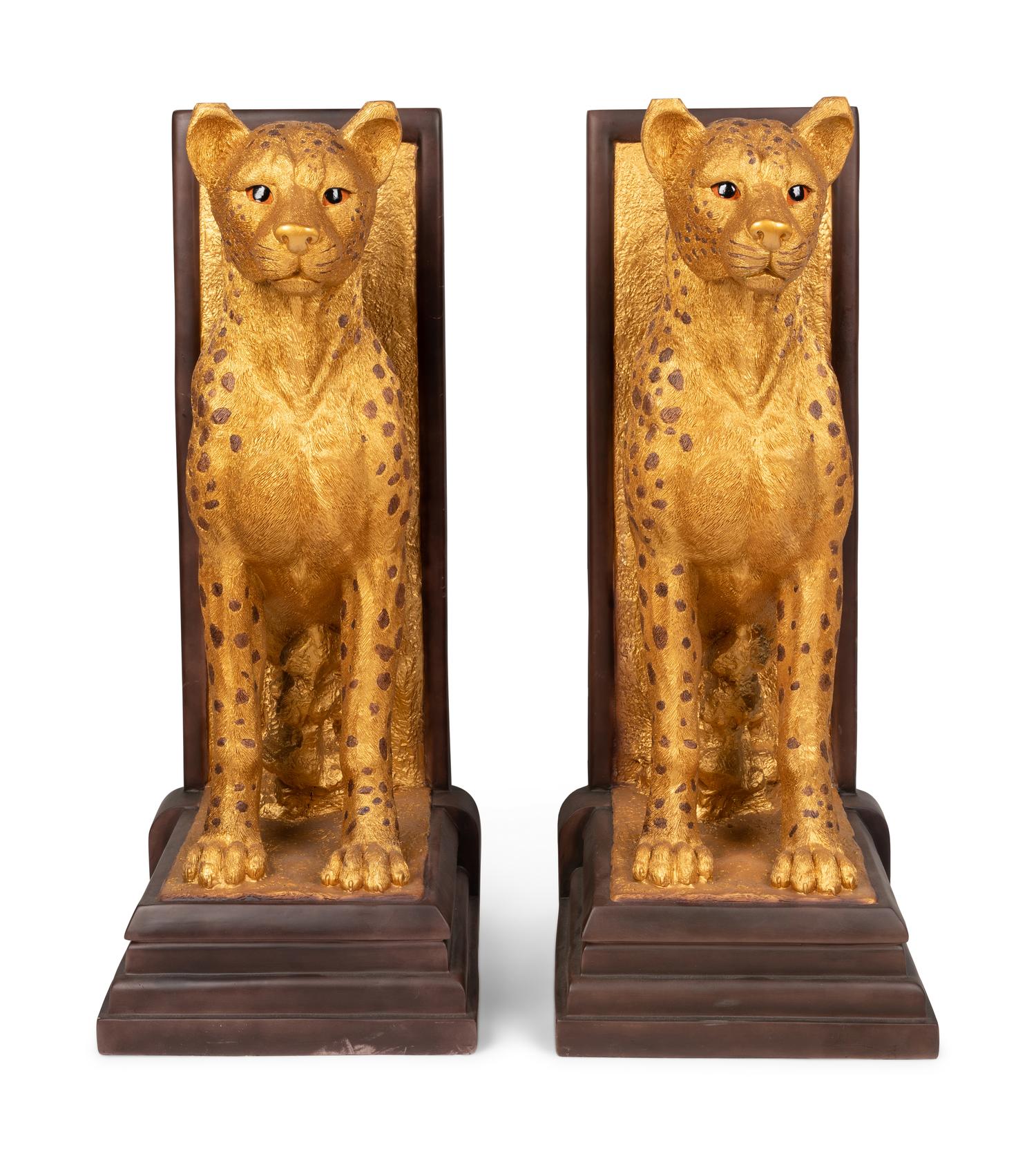 A Pair of Gilt Decorated Resin Cheetah Figures