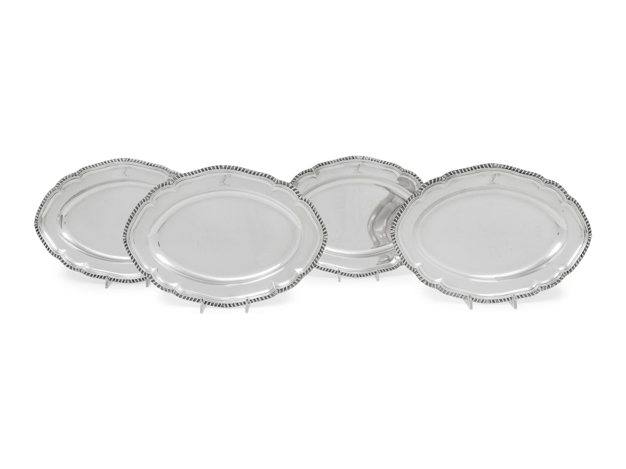 Four English Engraved Silver Lozenge Form Vegetable Dishes