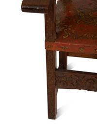 An Italian Baroque Style Carved Oak Open Armchair with Painted Leather Back and Seat