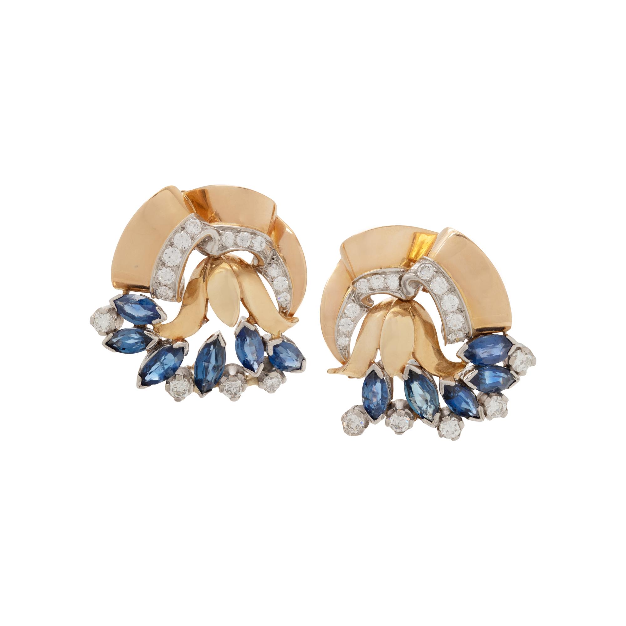 RETRO, TRICOLOR GOLD, SAPPHIRE AND DIAMOND EARCLIPS