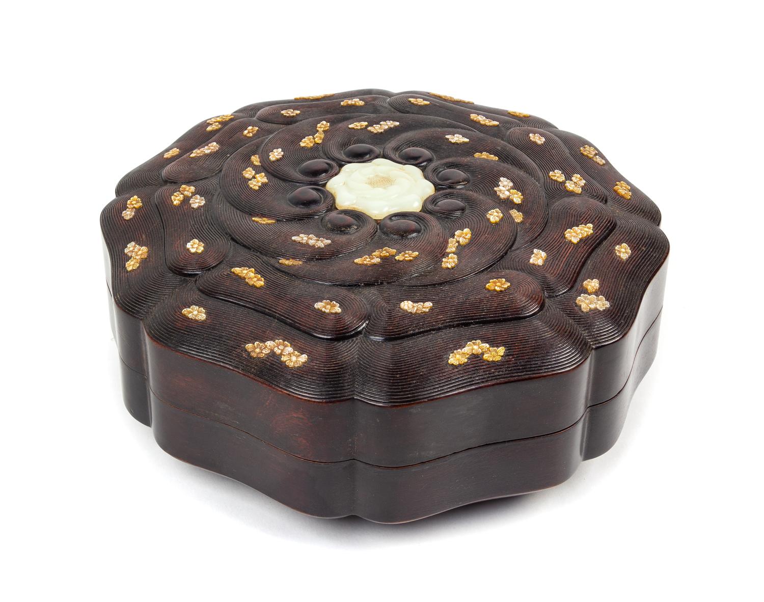 A Mother-of-Pearl and White Jade Inlaid Zitan Mallow Box and Cover Diameter 10 3/4 inches. — 20TH CENTURY