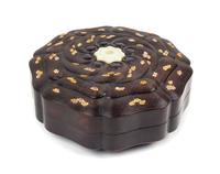 A Mother-of-Pearl and White Jade Inlaid Zitan Mallow Box and Cover Diameter 10 3/4 inches. — 20TH CENTURY