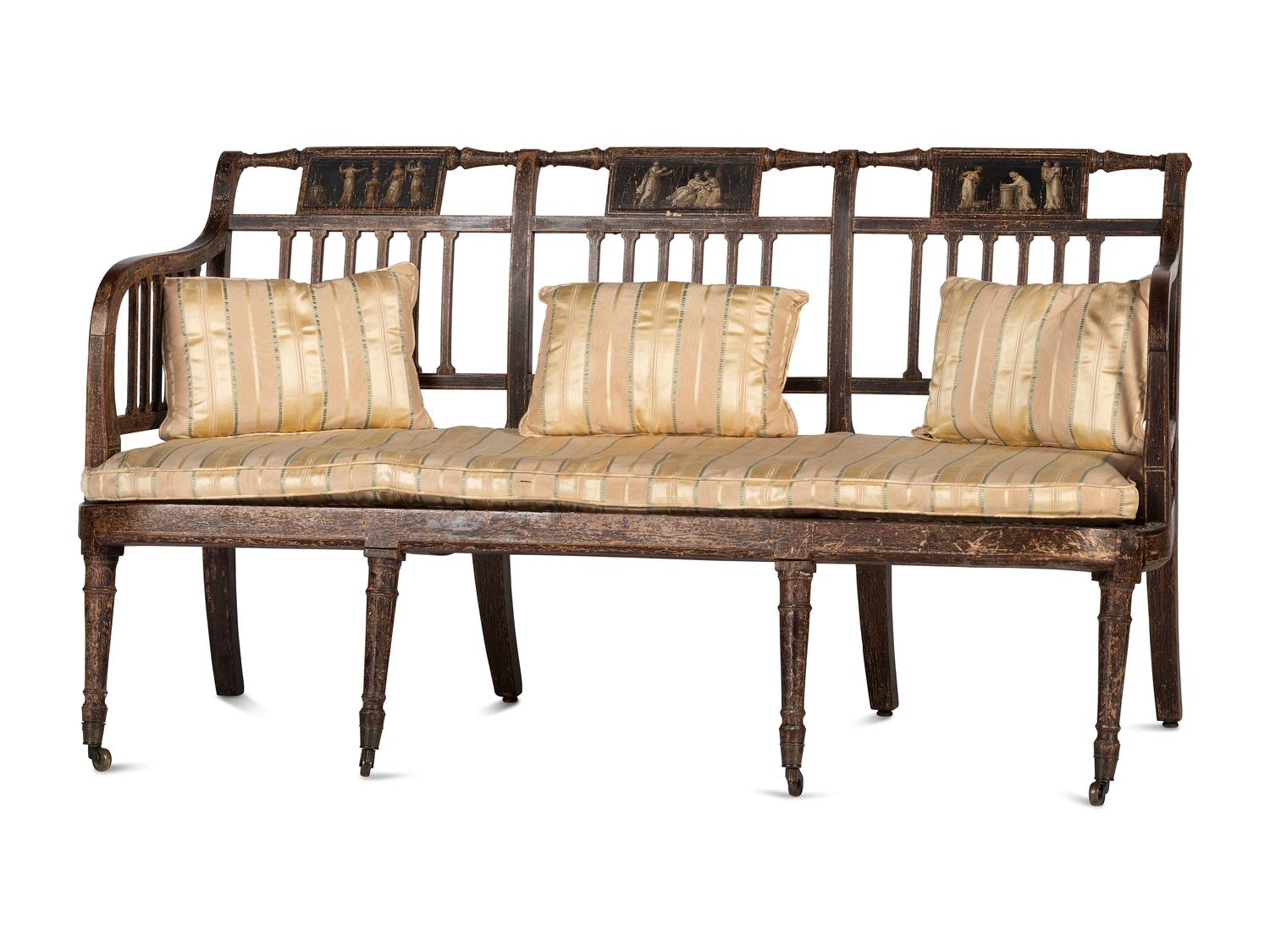 A Regency Grain and Figural Painted Cane-Upholstered Settee