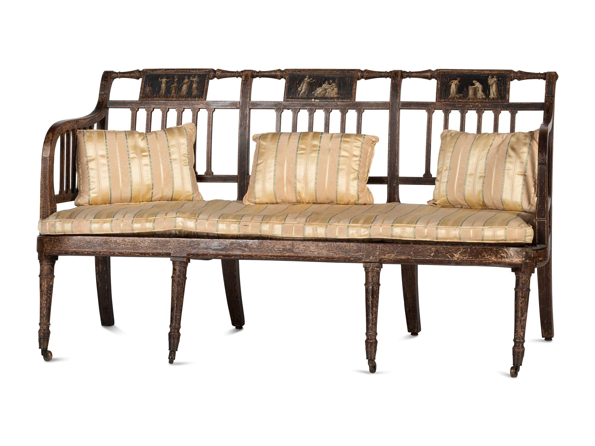 A Regency Grain and Figural Painted Cane-Upholstered Settee