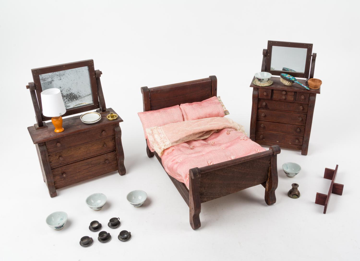 A Collection of American Empire Style Doll Furniture Height of headboard 7 3/4 inches.
