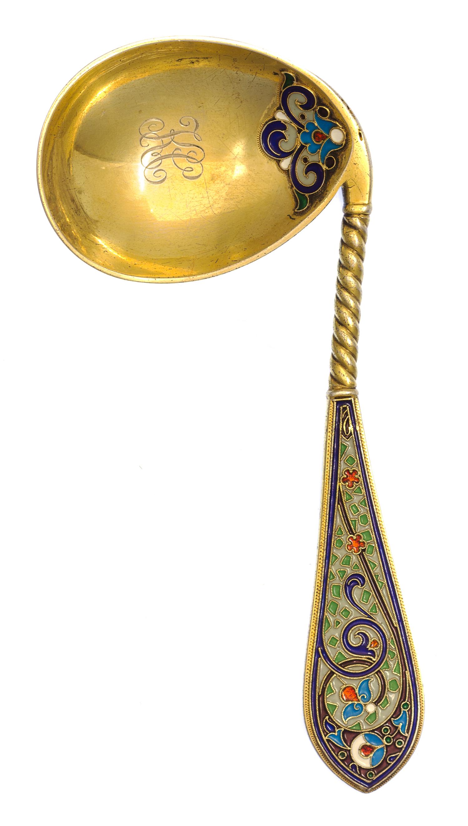 A Russian Silver-Gilt and Enamel Caddy Spoon, Mark of Antip Kuzmichev, kokoshnik mark of Ivan Lebedkin, Moscow, late 19th century, havi