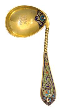 A Russian Silver-Gilt and Enamel Caddy Spoon, Mark of Antip Kuzmichev, kokoshnik mark of Ivan Lebedkin, Moscow, late 19th century, havi