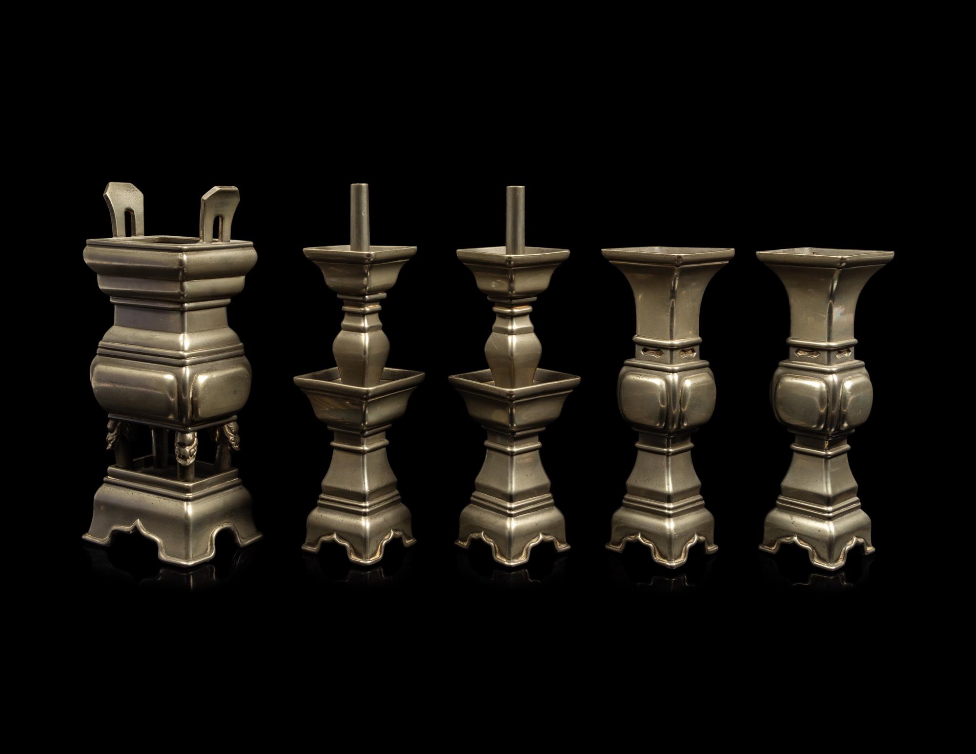 A Chinese Five-Piece Pewter Altar Set