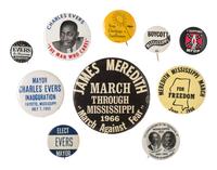 [CIVIL RIGHTS]. A group of 10 pinback buttons related to Civil Rights events and figures associated with Mississippi. Ca 1960s.