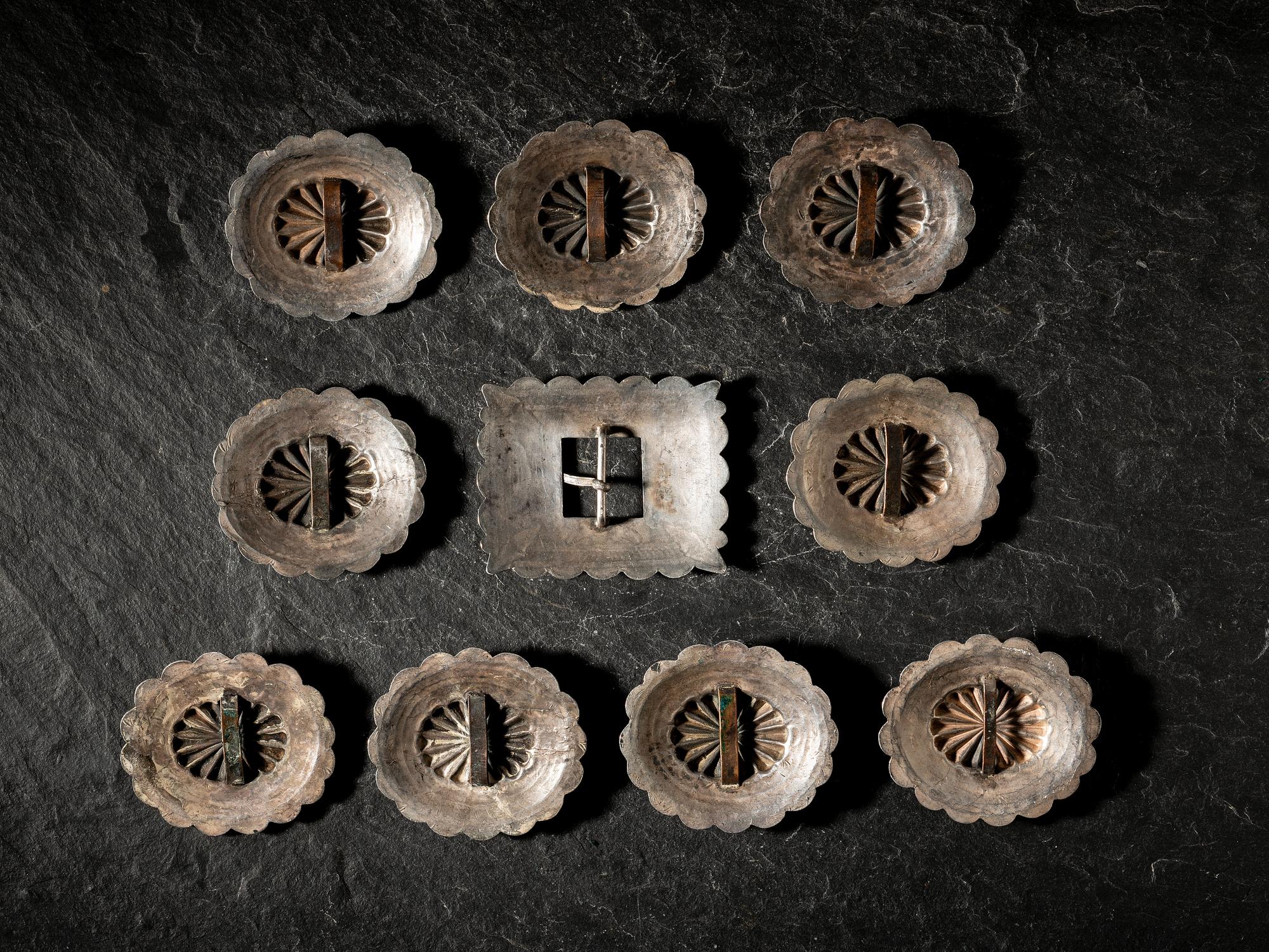 Navajo Silver and Turquoise Conchas and Belt Buckle