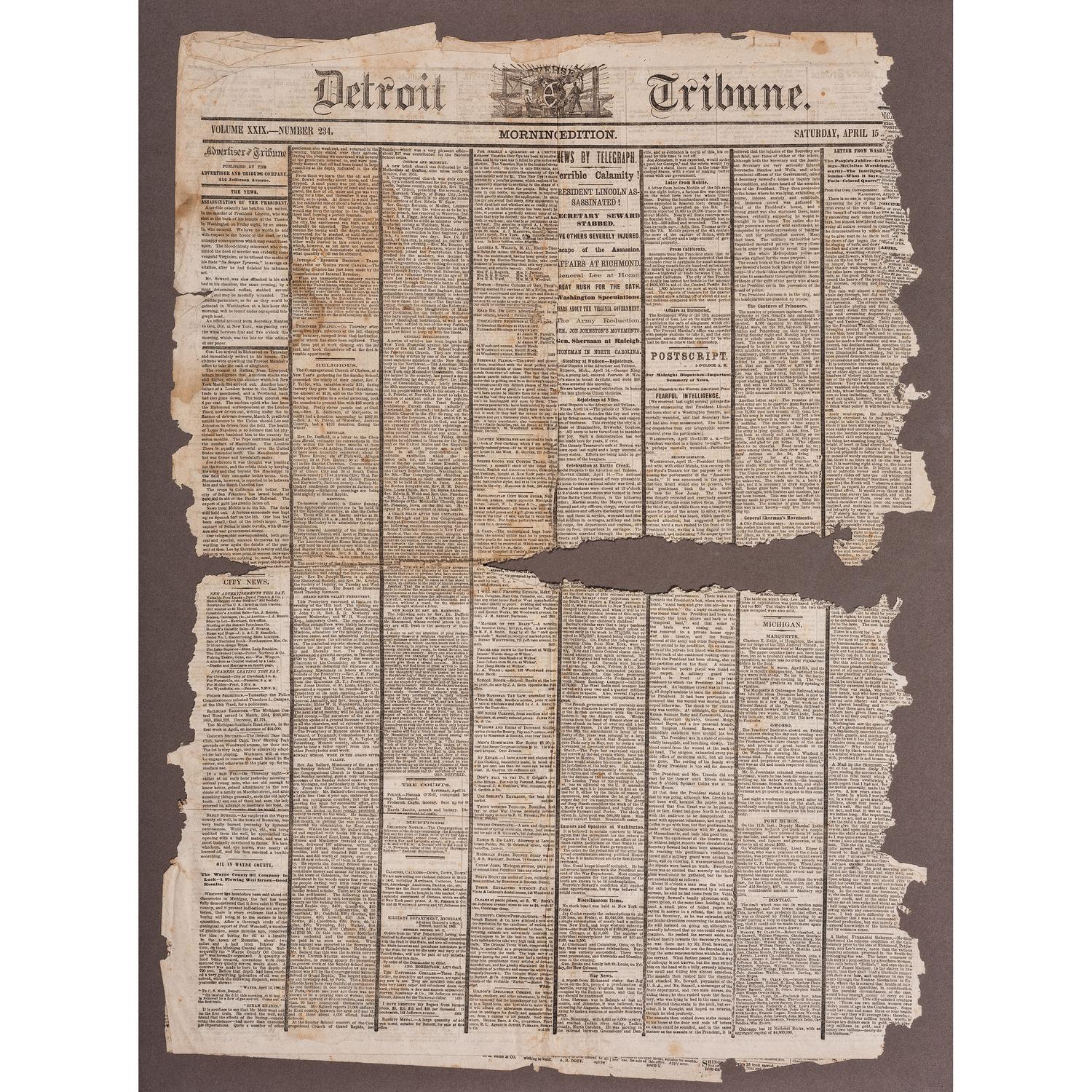 [LINCOLNIANA - ASSASSINATION]. Detroit Tribune. Vol. XXIX, No. 234. 15 April 1865.