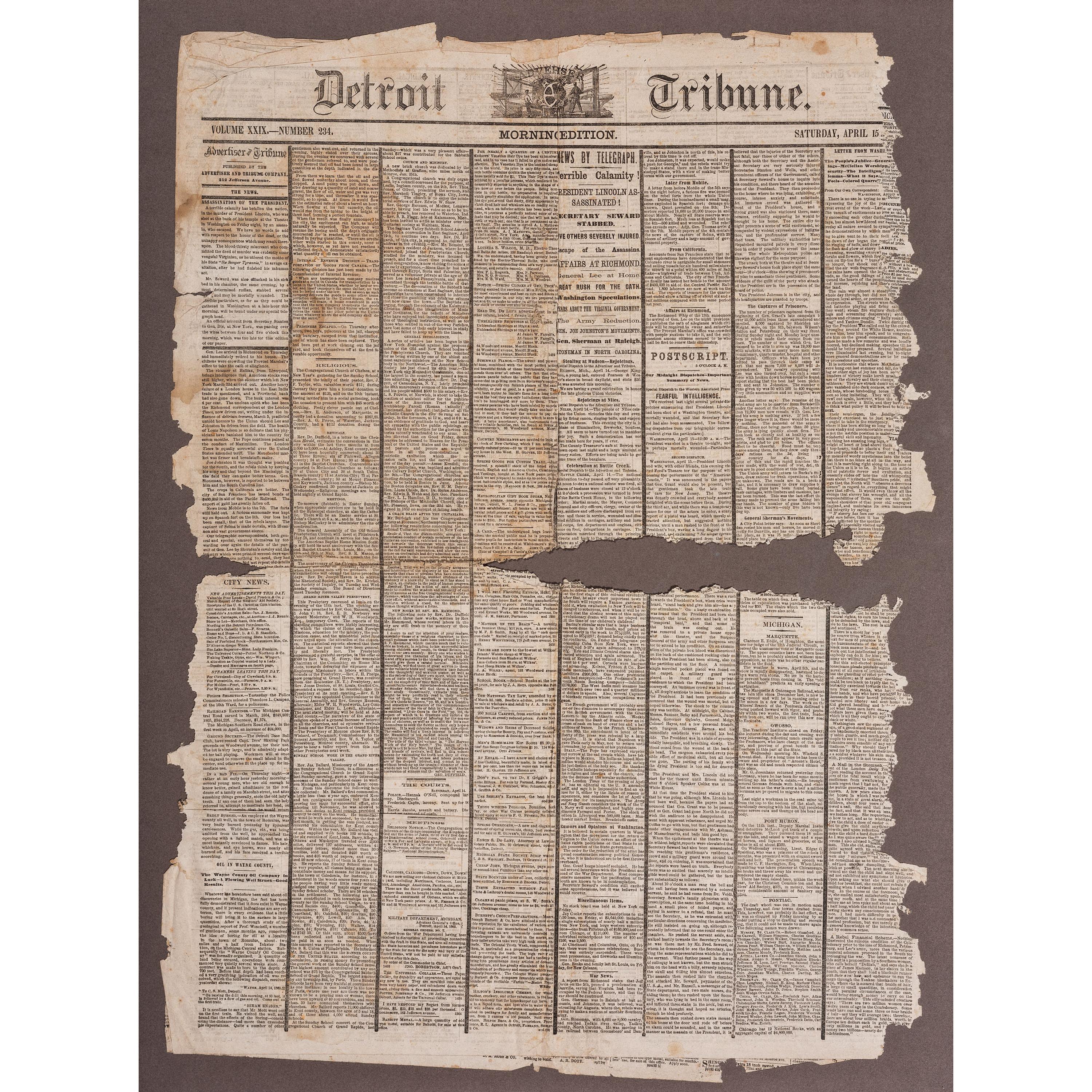 [LINCOLNIANA - ASSASSINATION]. Detroit Tribune. Vol. XXIX, No. 234. 15 April 1865.