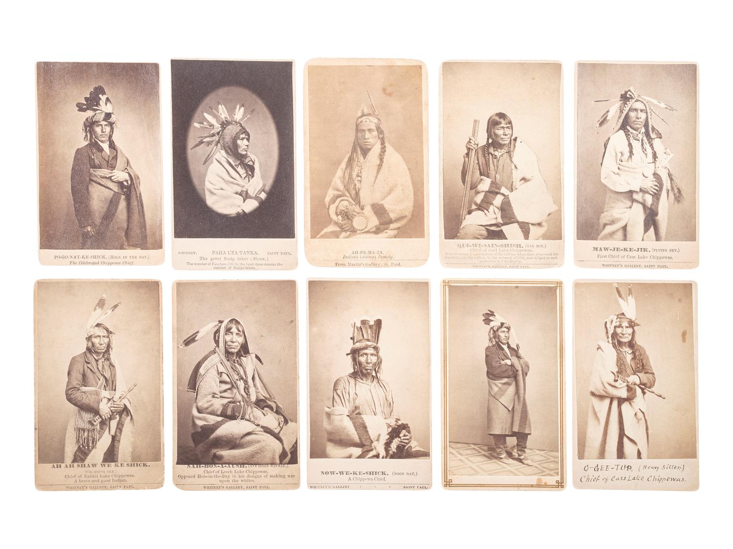 [NATIVE AMERICANS]. Album containing CDVs of Sioux involved in the 1862 Dakota Uprising in Minnesota containing photographs by Joel Whitney, B.F. Upton, and Martin's Gallery of St. Paul, MN.