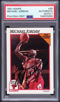 A 1991 Hoops Michael Jordan Signed Autograph Basketball Card No. 30 (PSA 7 AUTO) — Autograph obtained from Jordan by Make-A-Wish child in 1992 at Chicago Stadium