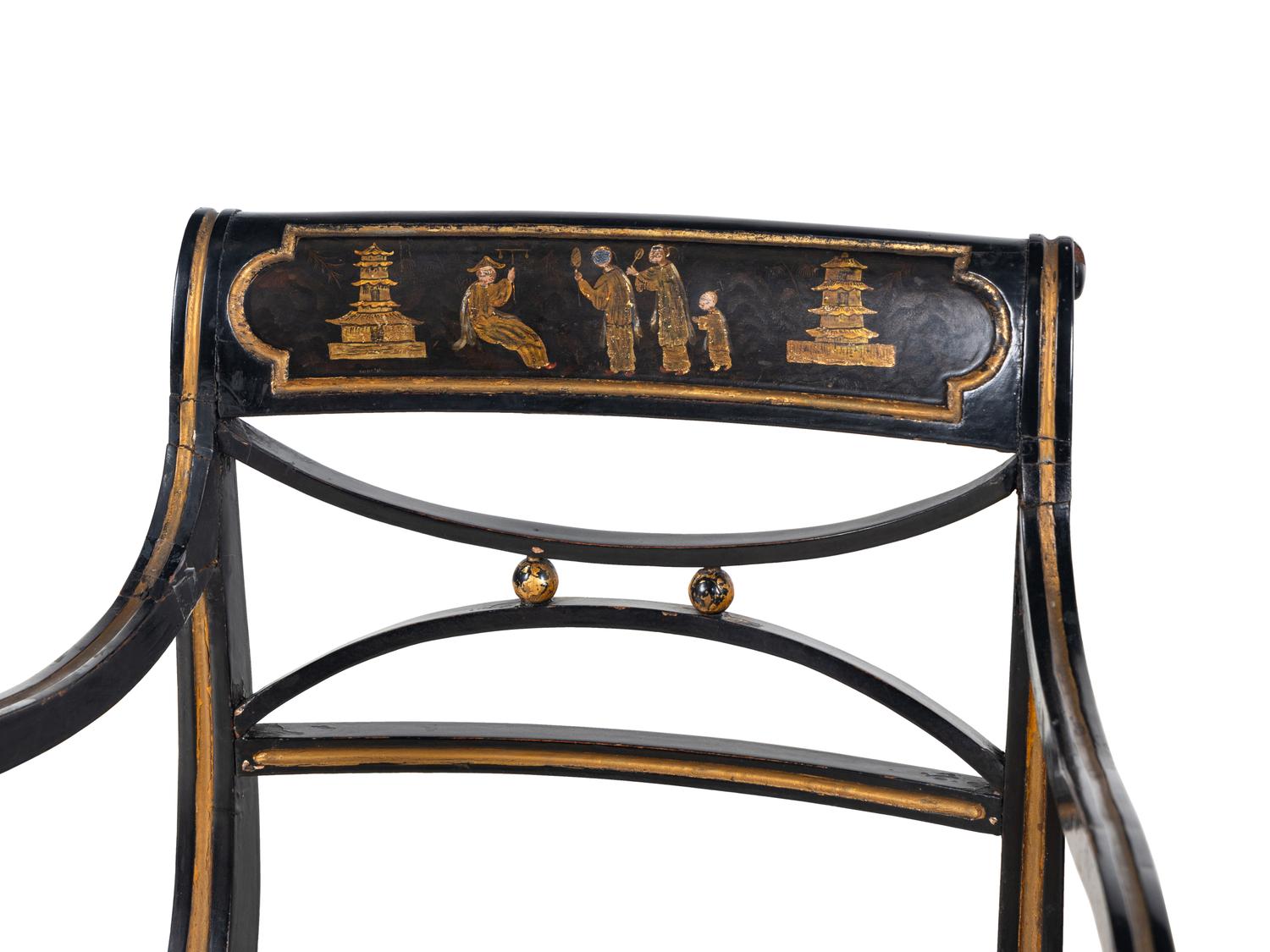 A Pair of Regency Black and Gold-Painted Armchairs