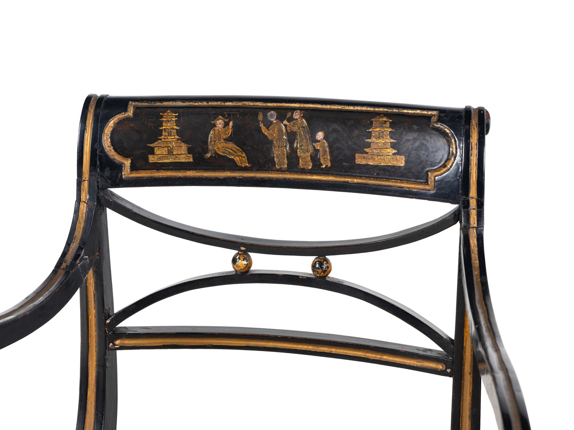 A Pair of Regency Black and Gold-Painted Armchairs