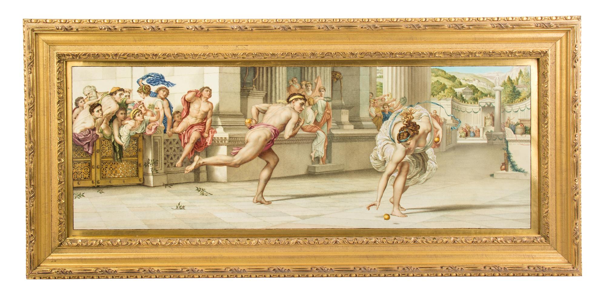 A Minton Pottery Plaque, after Sir Edward John Poynter P.R.A. (1836-1919), Height 13 1/2 x width 37 1/4 inches.