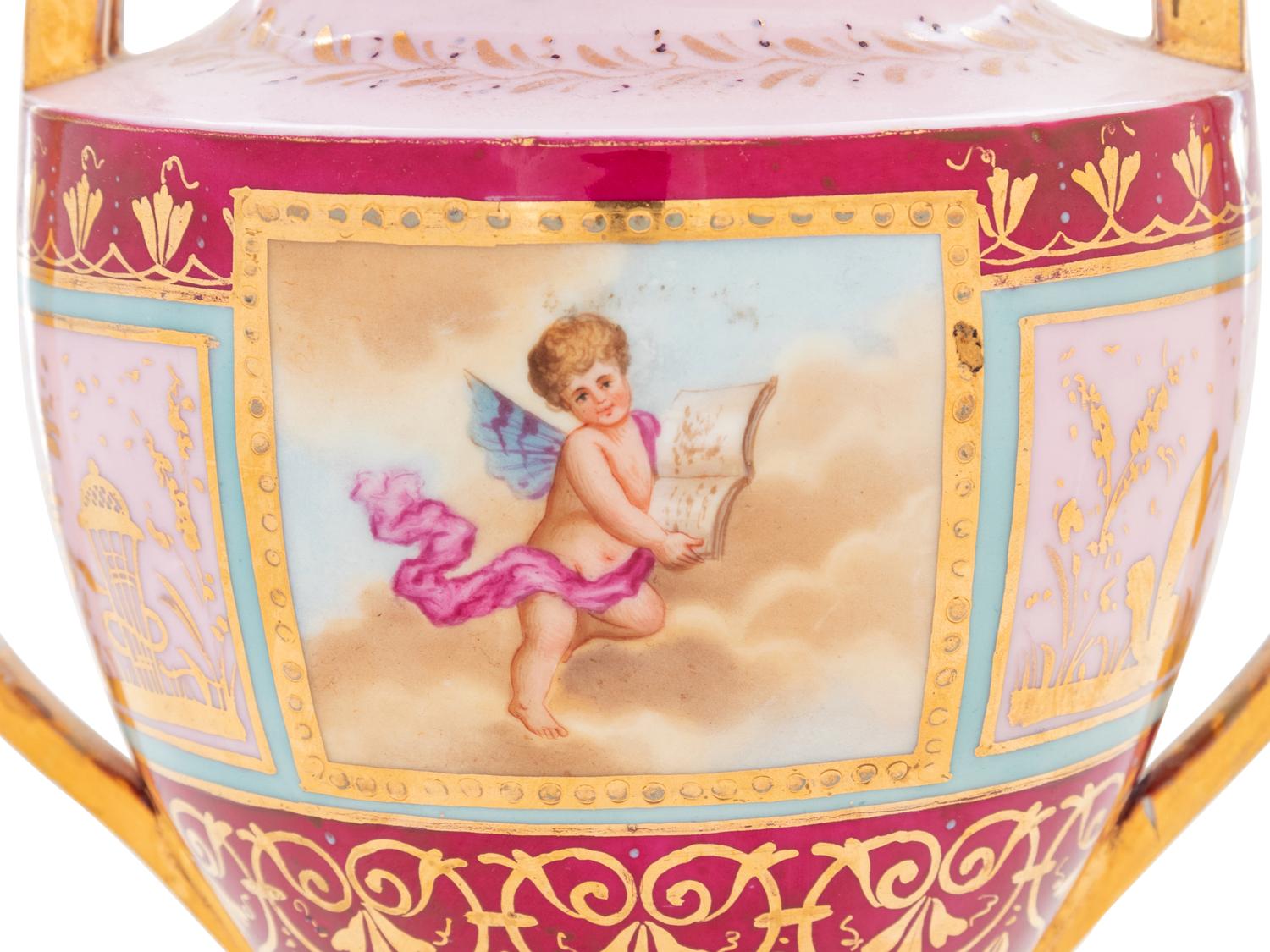 A Pair of Vienna Painted Porcelain Covered Urns and Stands