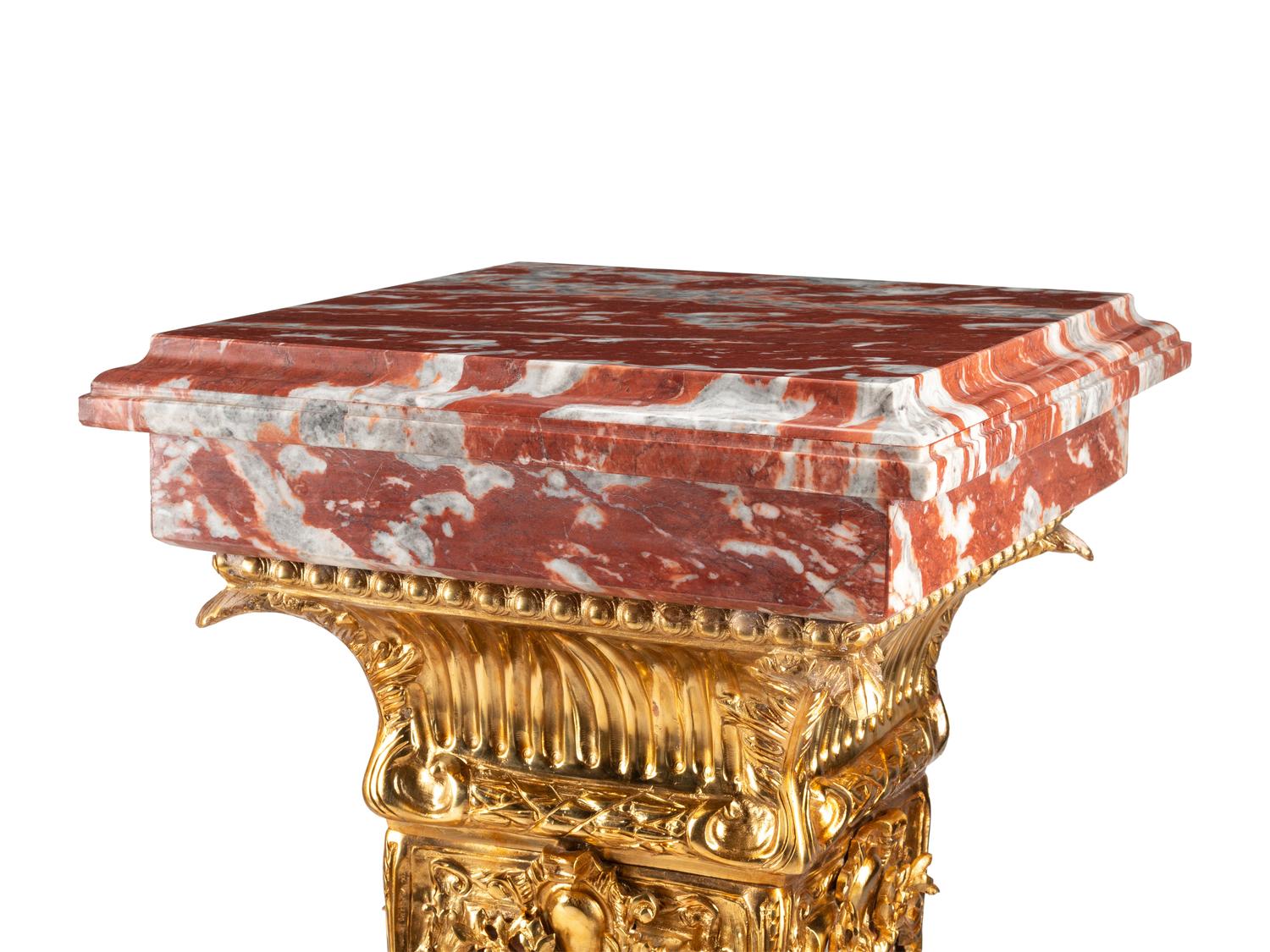 A Pair of Continental Gilt Bronze Mounted Rouge Marble Pedestals