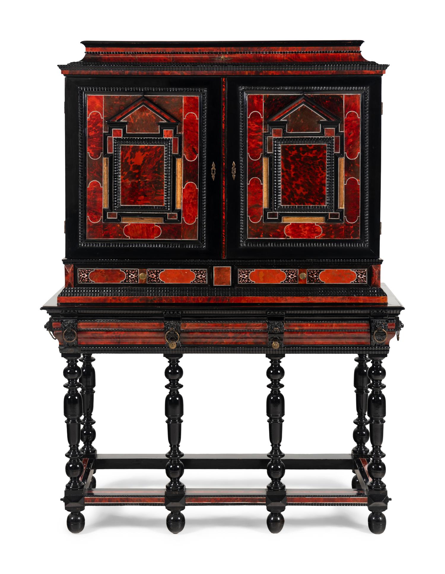 A Flemish Red Tortoise Shell, Kingwood and Ebony Cabinet on Stand