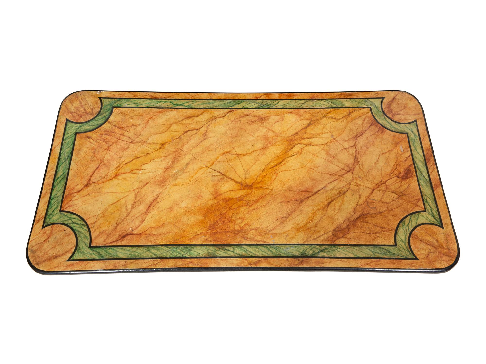 A Wrought Iron and Faux Marble Coffee Table