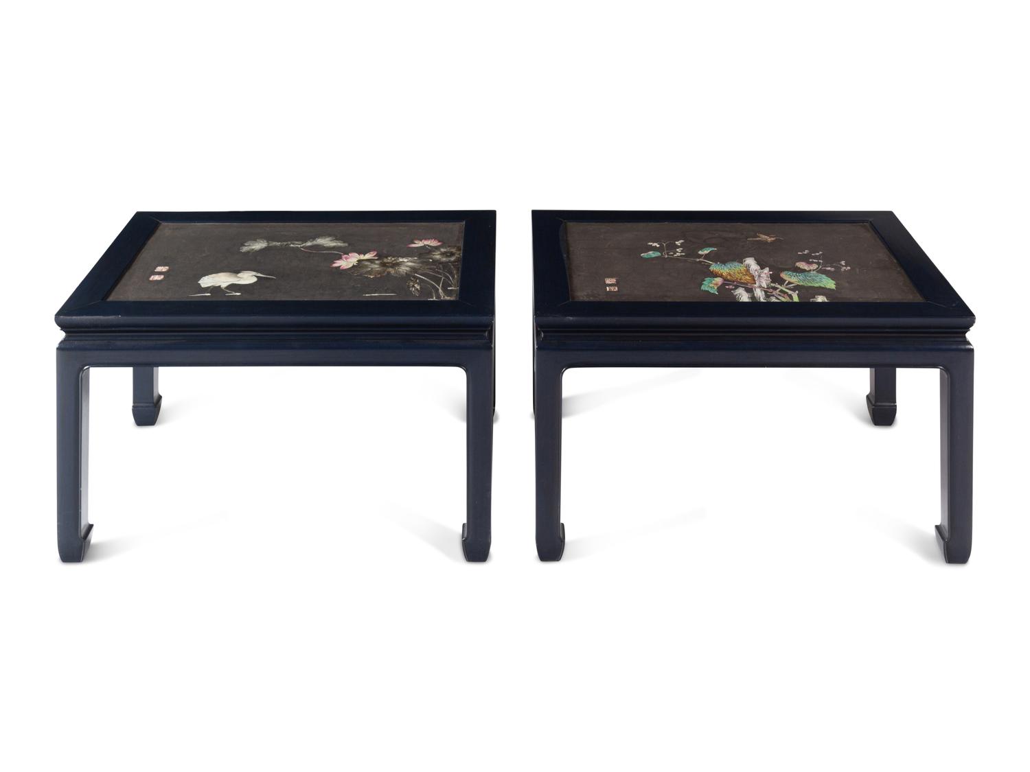 Two Chinese Porcelain-Inset Polychrome Lacquer Panels Mounted as Tables