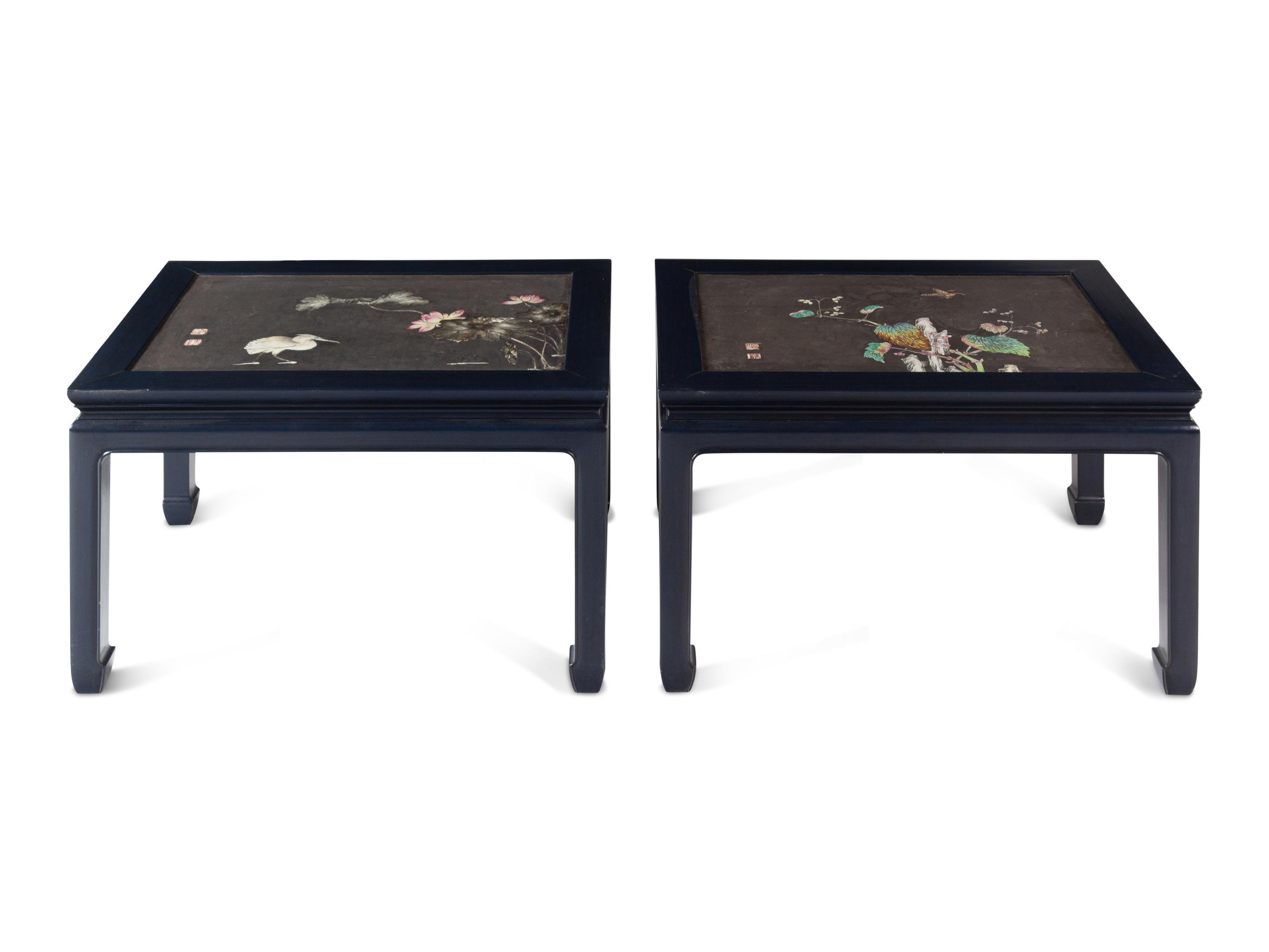 Two Chinese Porcelain-Inset Polychrome Lacquer Panels Mounted as Tables