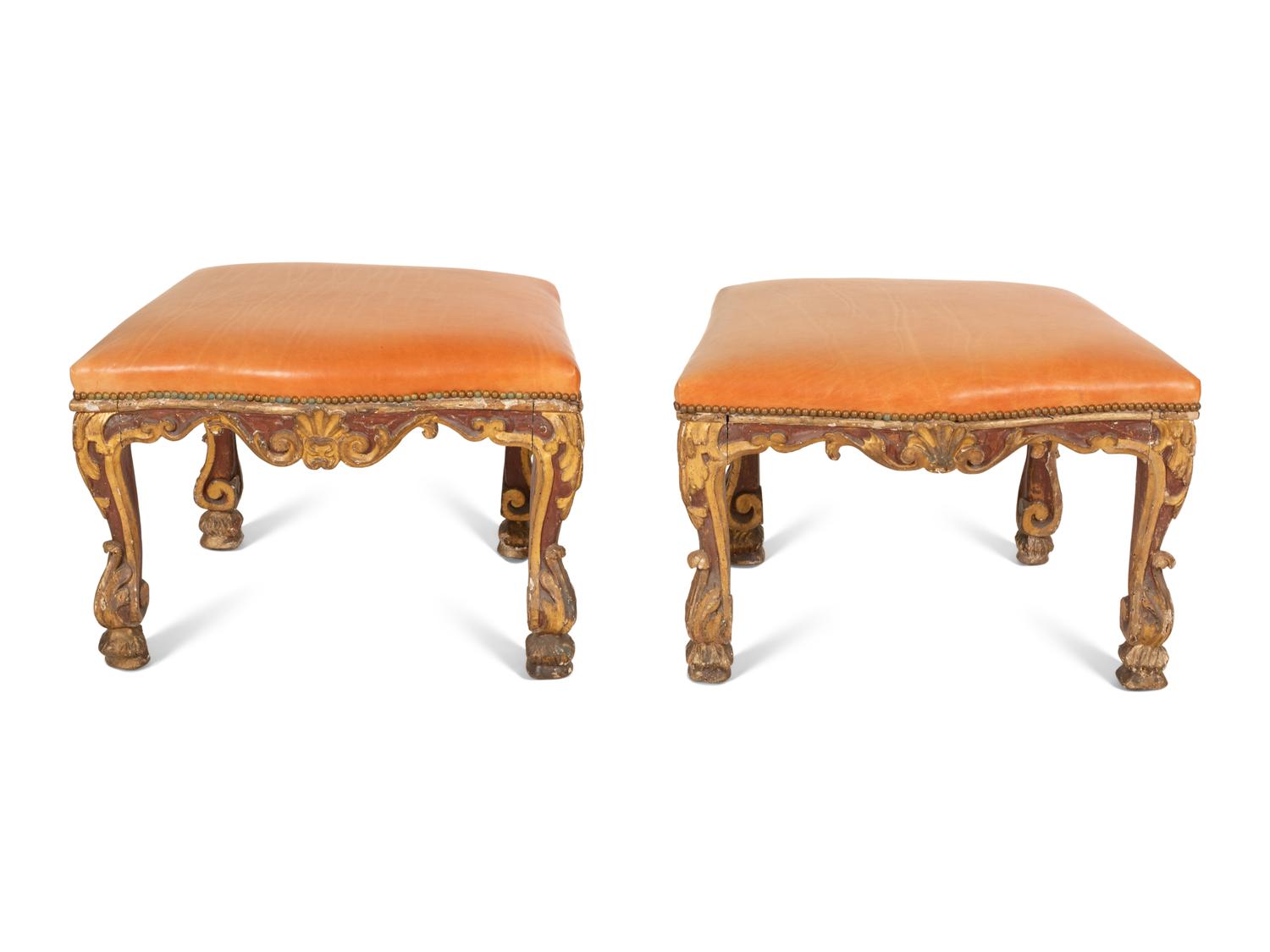 A Pair of Louis XV Painted and Parcel Gilt Tabourets