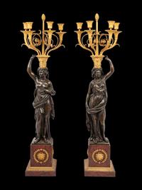 A Pair of Empire Style Gilt and Patinated Bronze and Marble Figural Four-Light Candelabra