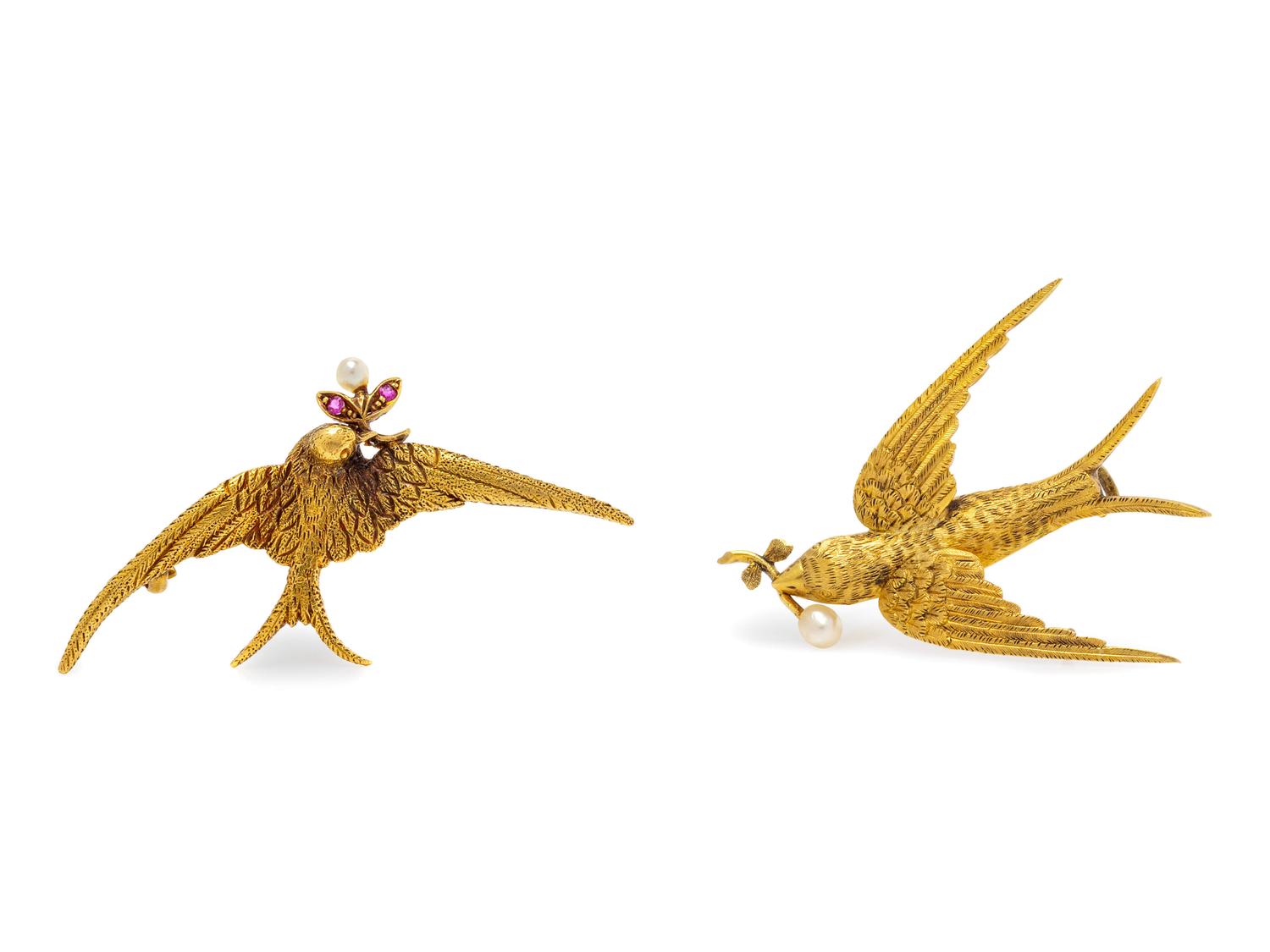 A Collection of Yellow Gold and Cultured Pearl Bird Brooches,