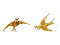 A Collection of Yellow Gold and Cultured Pearl Bird Brooches,