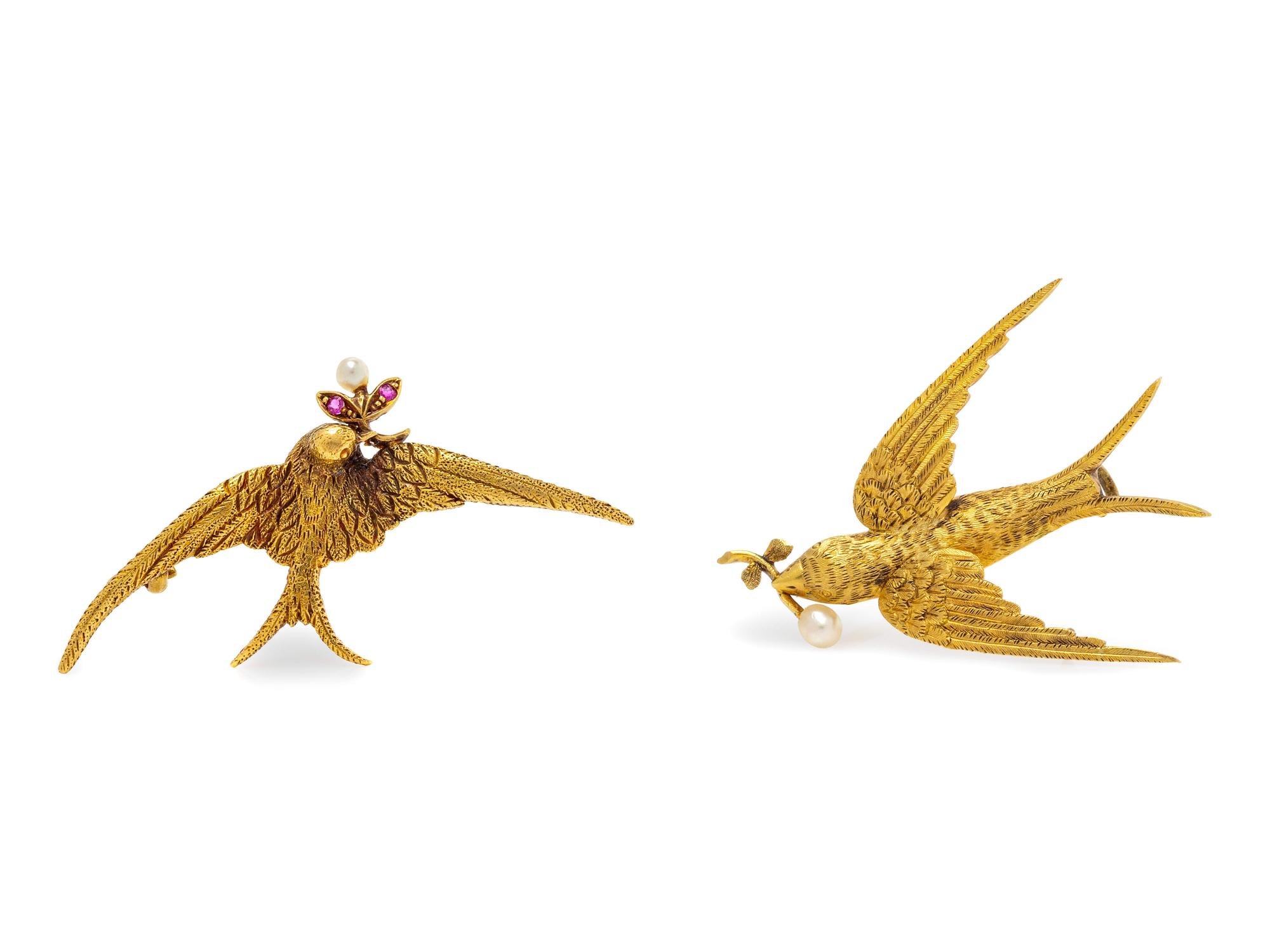A Collection of Yellow Gold and Cultured Pearl Bird Brooches,