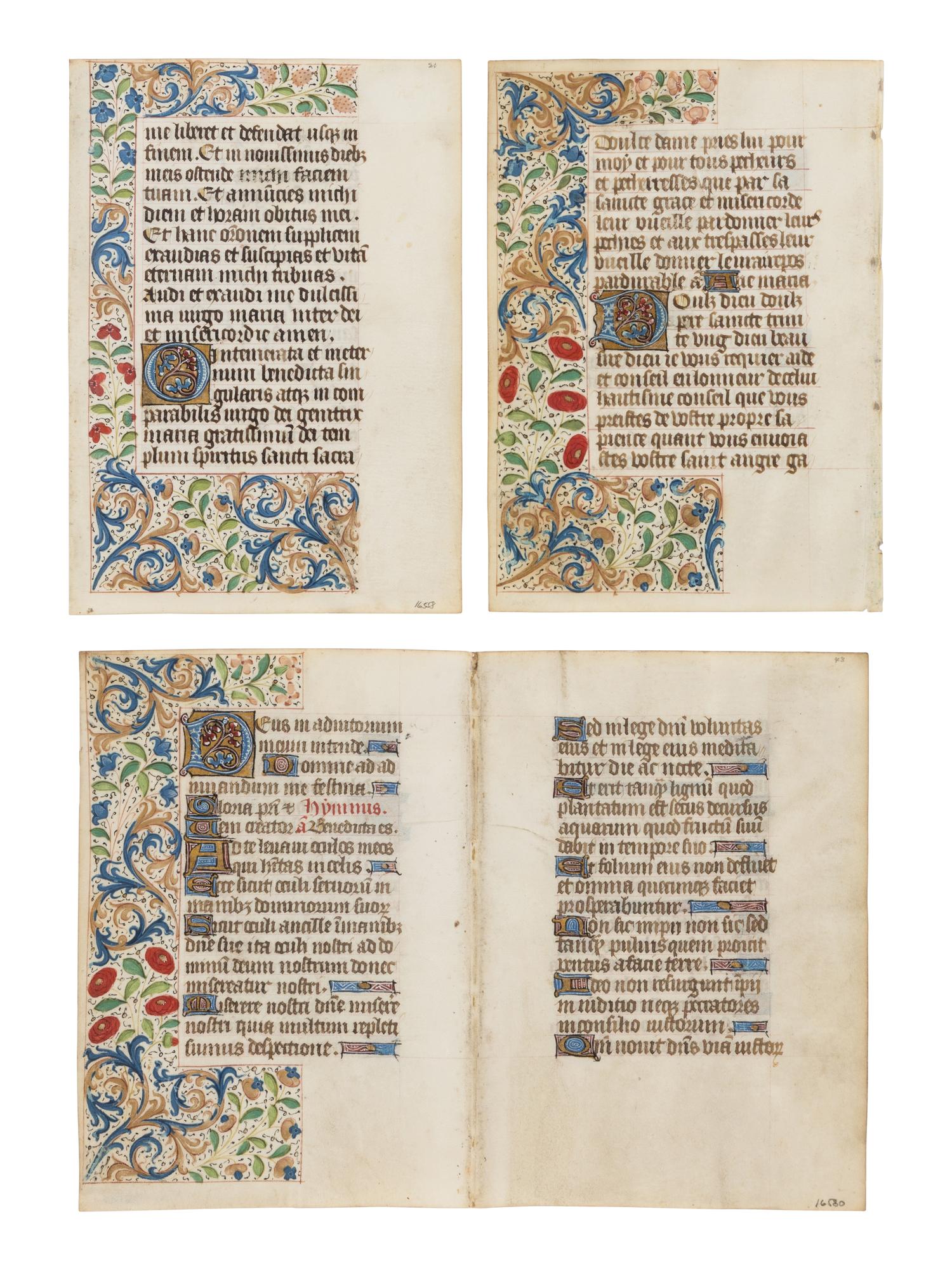 CIRCLE OF THE MASTER OF THE ROUEN ÉCHEVINAGE (Playfair Group) (active Rouen, c. 1450-1480s) Three leaves (a bifolium and two single leaves) from a Book of Hours, with miniatures of the Four Evangelists, in Latin and French, illuminated manuscript on parchment [France, Rouen, c. 1460–1470]