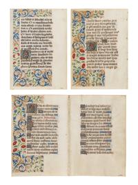 CIRCLE OF THE MASTER OF THE ROUEN ÉCHEVINAGE (Playfair Group) (active Rouen, c. 1450-1480s) Three leaves (a bifolium and two single leaves) from a Book of Hours, with miniatures of the Four Evangelists, in Latin and French, illuminated manuscript on parchment [France, Rouen, c. 1460–1470]