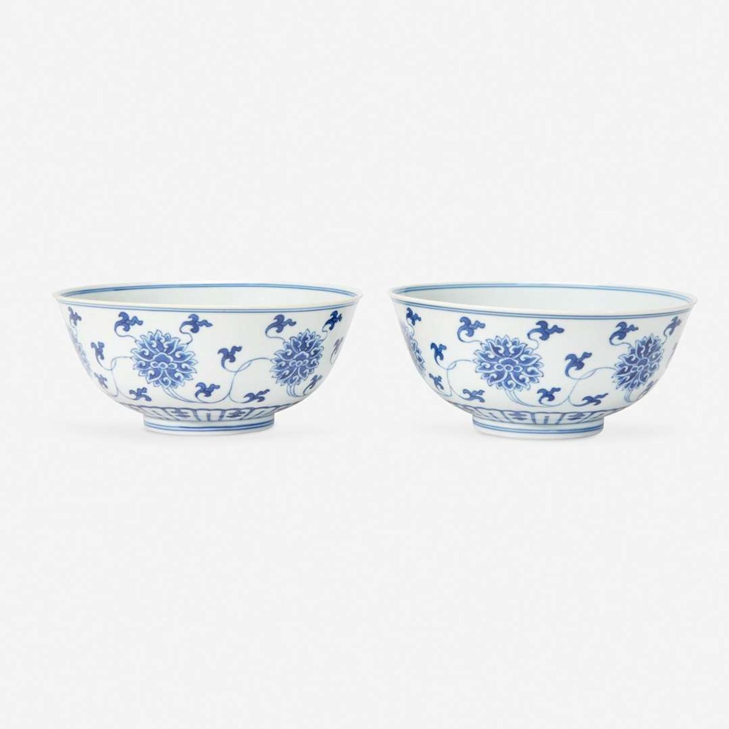 A pair of Chinese blue and white porcelain bowls 青花缠枝莲纹碗一对 Daoguang mark and probably of the period ??? ????