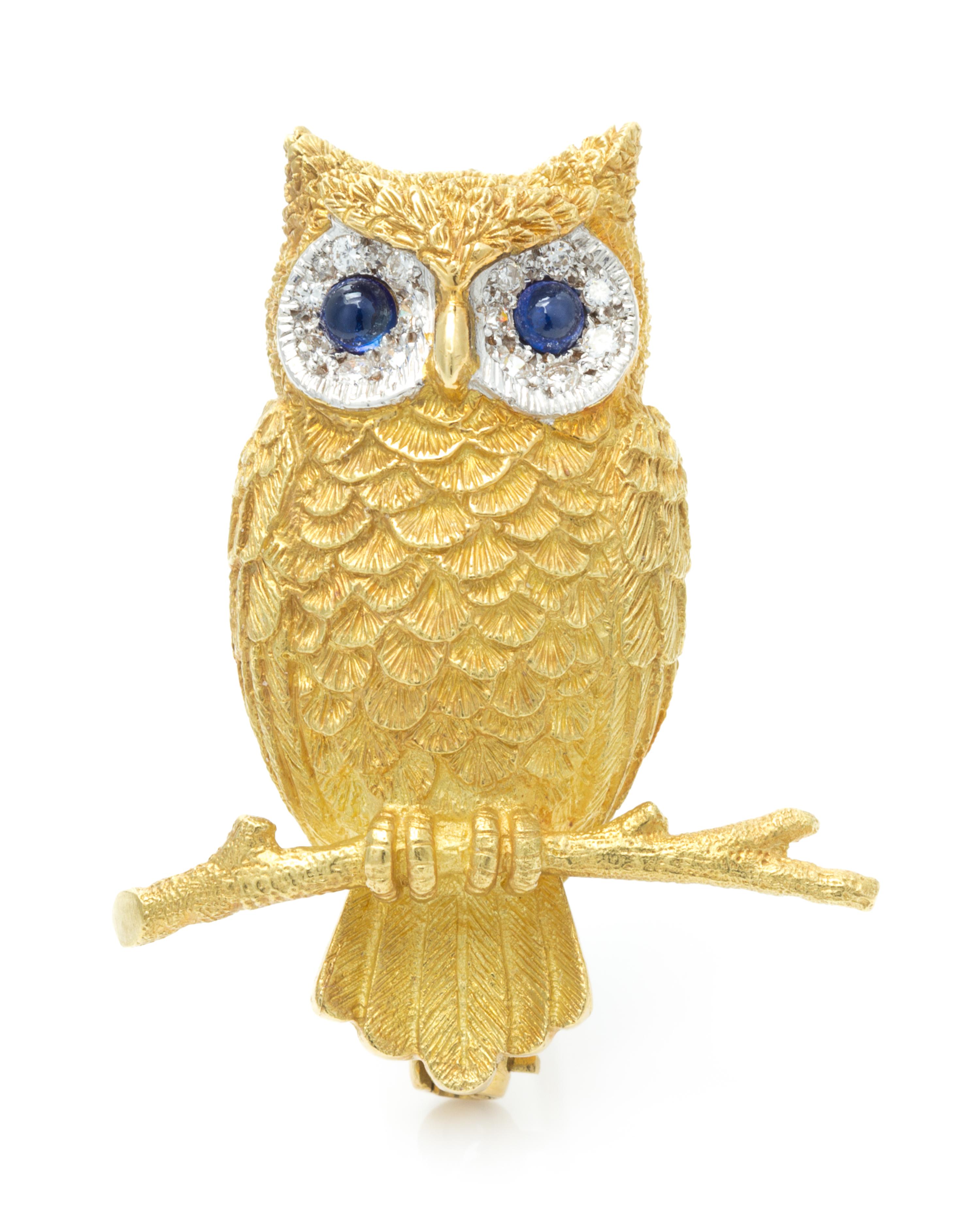 A Yellow Gold, Sapphire and Diamond Owl Brooch, 7.20 dwts.