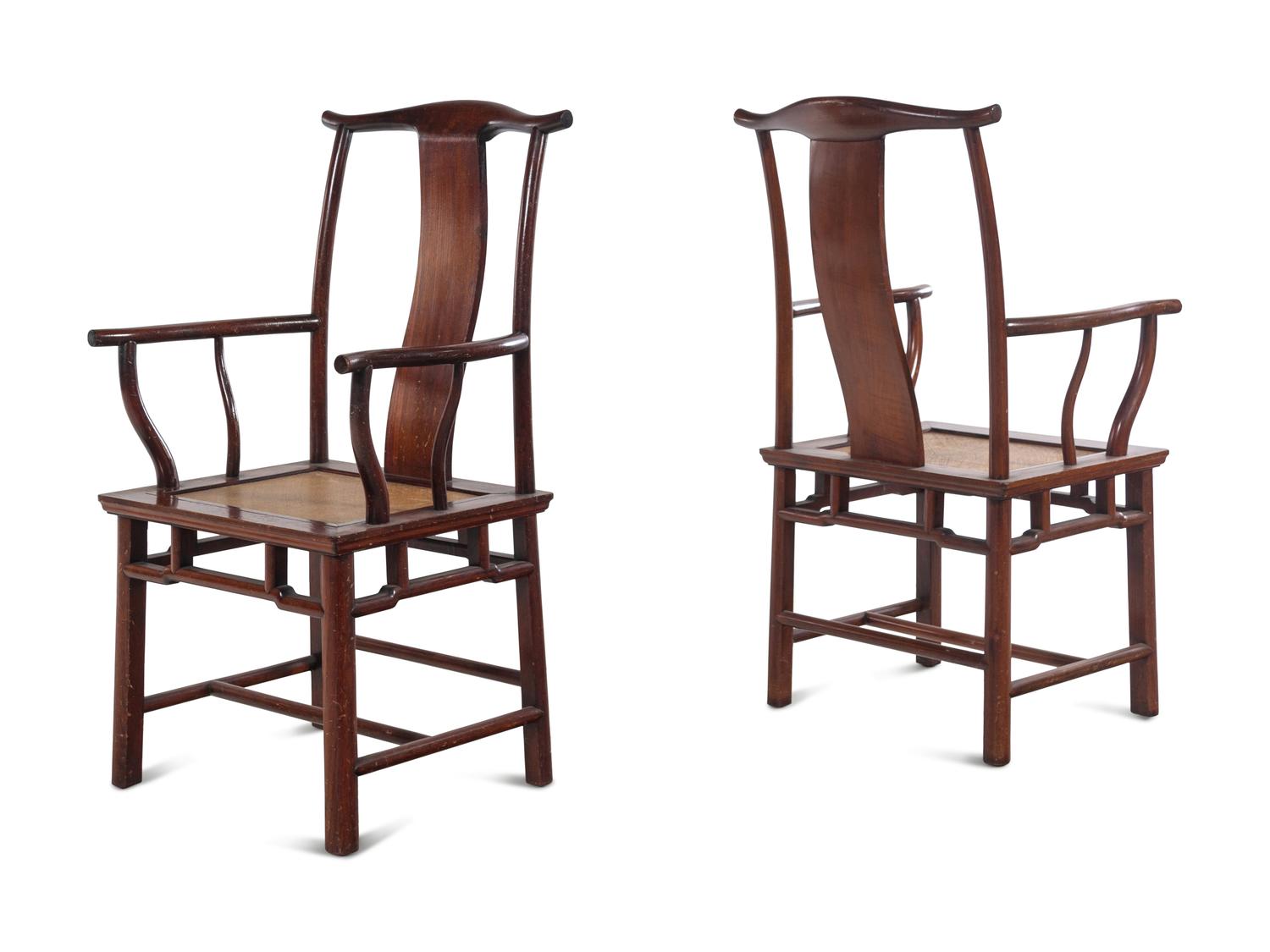 A Pair of Chinese Hardwood Official's Hat Chairs, Sichutouguanmaoyi