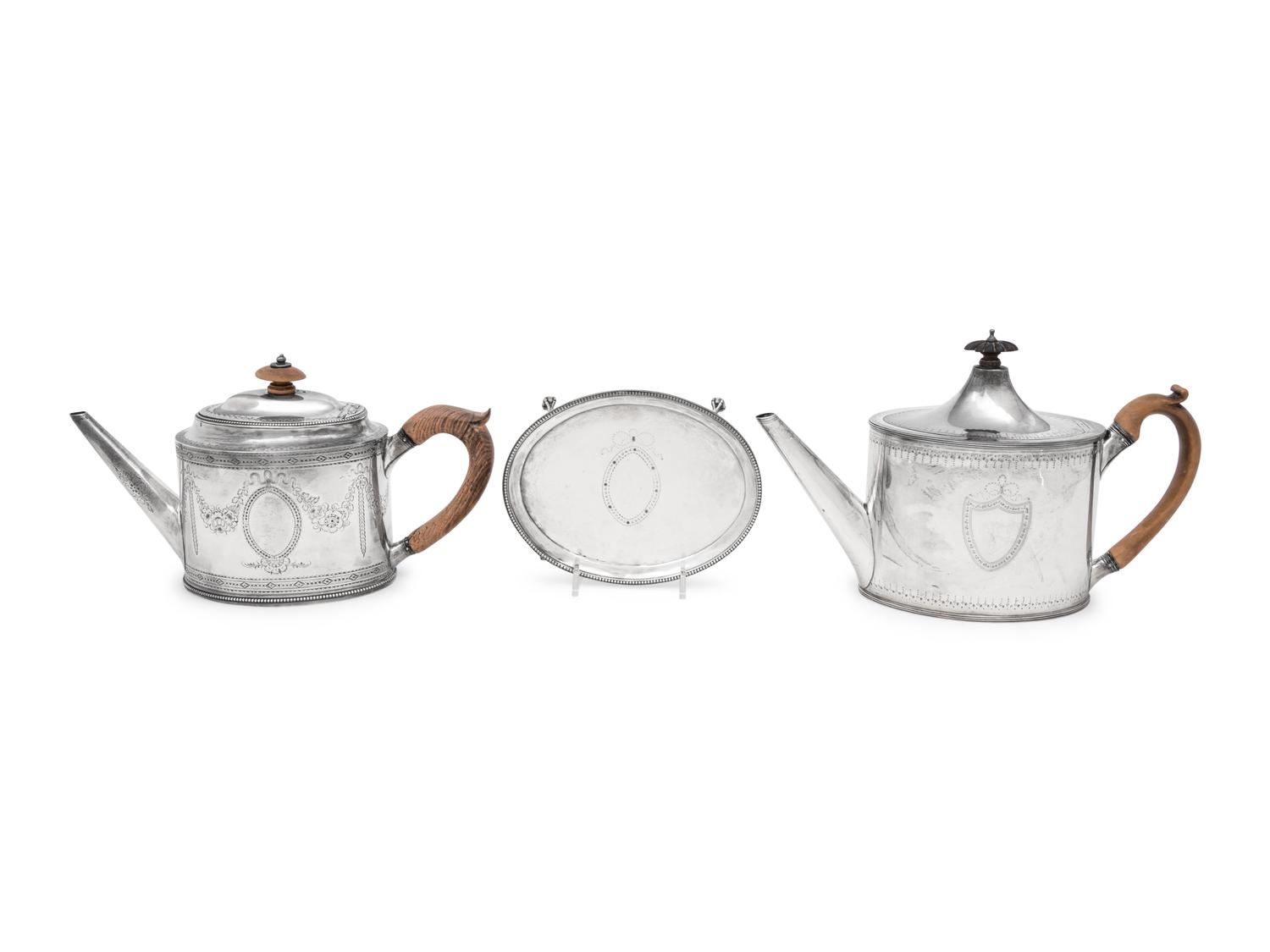 Two Hester Bateman George III Silver Teapots and a Teapot Stand