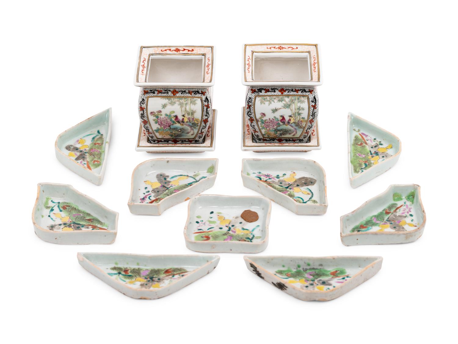 A Chinese Famille Rose Porcelain Sweet Meat Set and A Small Pair of Famille Rose Porcelain Cachepots