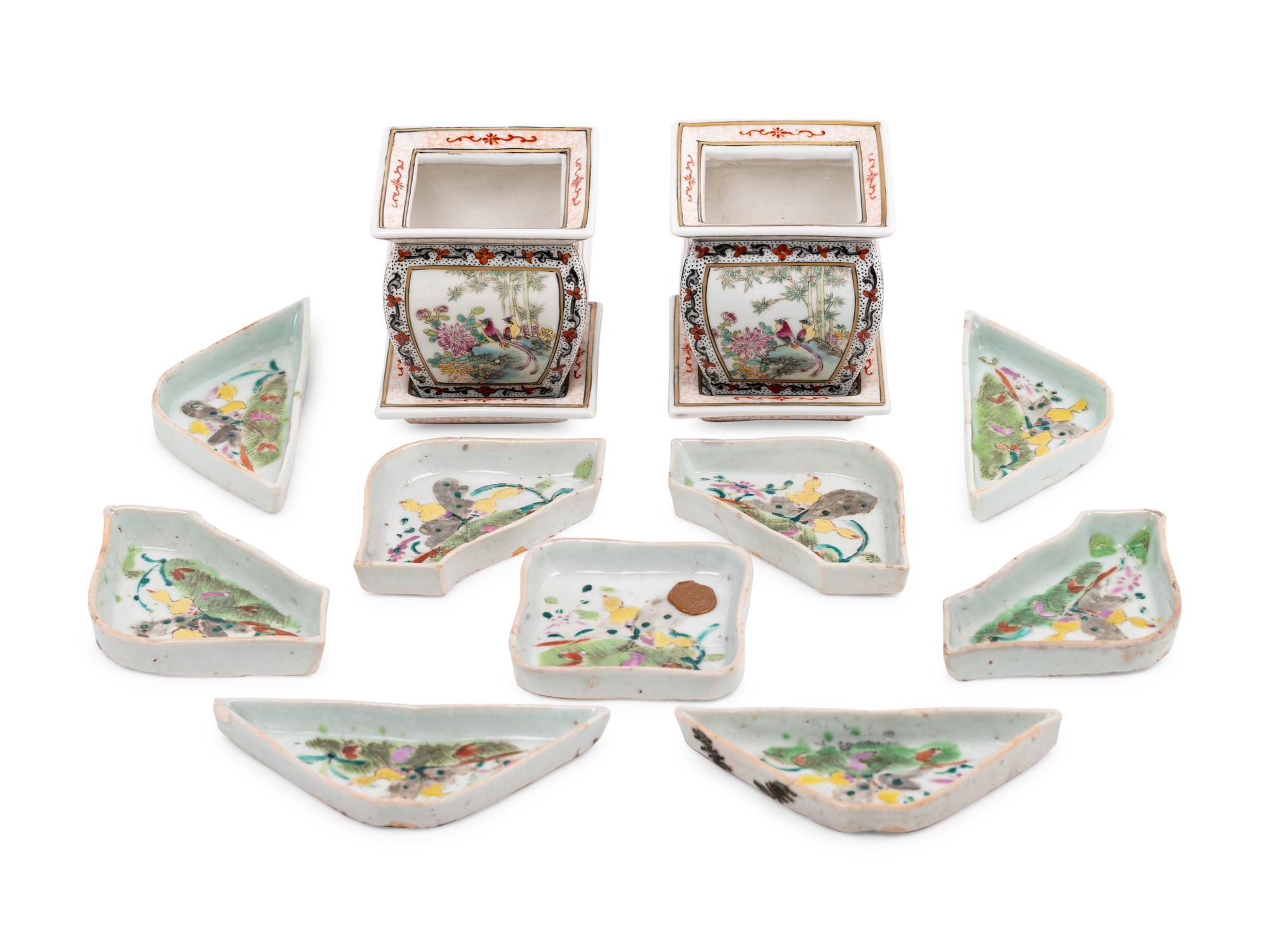 A Chinese Famille Rose Porcelain Sweet Meat Set and A Small Pair of Famille Rose Porcelain Cachepots